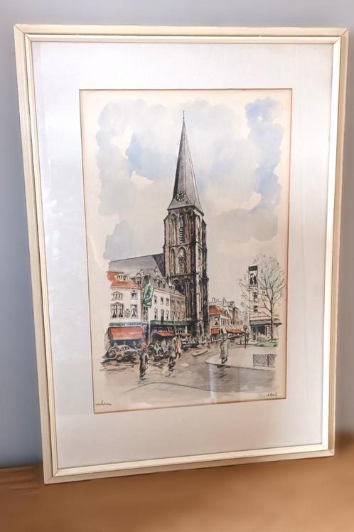 Vintage pentekening in kleur van Steenstraat Arnhem 1964, Antiek en Kunst, Kunst | Tekeningen en Foto's, Ophalen