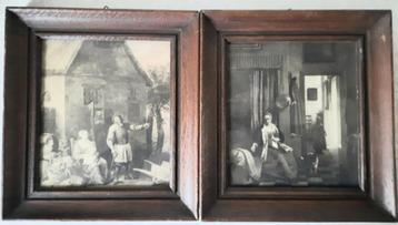 2 Prenten in eikenhouten lijstjes. beschikbaar voor biedingen