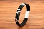 Heren zwarte stalen leren armband (mannen leder lederen), Verzenden, Nieuw, Zwart, Leer