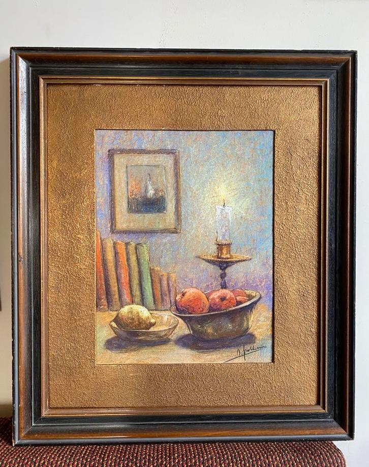 Stilleven met kaars, fruit en boeken, Antiek en Kunst, Kunst | Schilderijen | Klassiek, Ophalen of Verzenden