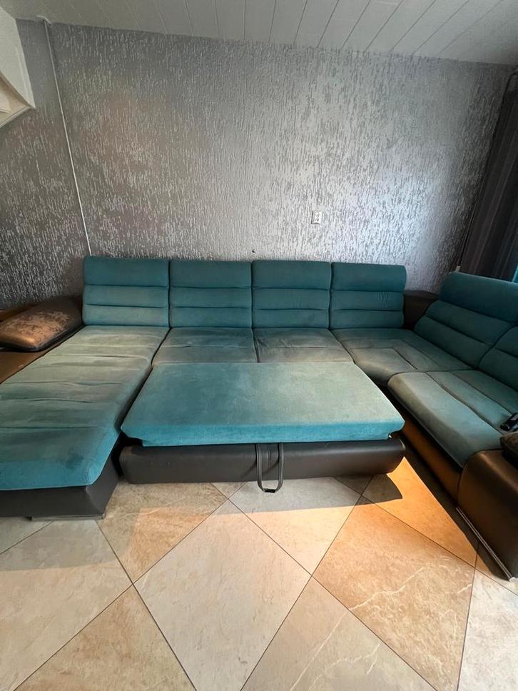 XXL hoekbedbank van stof en kunstleer BOILEAU - Tweekleurig, Huis en Inrichting, Slaapkamer | Slaapbanken, Gebruikt, Tweepersoons