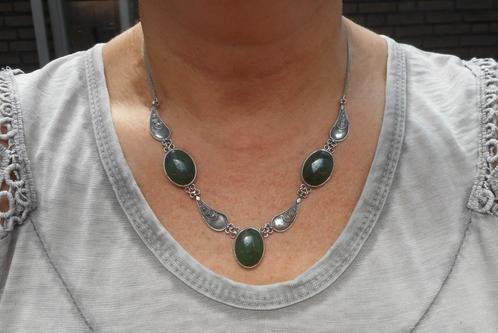 Prachtig zilveren antiek collier met groene stenen nr.1475, Sieraden, Tassen en Uiterlijk, Antieke sieraden, Ketting, Zilver, Verzenden