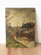 Olieverfschilderij – Rivierlandschap met Boten en Huizen, Antiek en Kunst, Kunst | Schilderijen | Klassiek, Ophalen