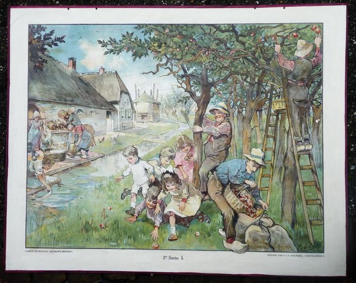 Oude schoolplaat met het boerenleven met appelboom, Antiek en Kunst, Antiek | Schoolplaten, Stad- en Dorpsgezichten, Ophalen of Verzenden