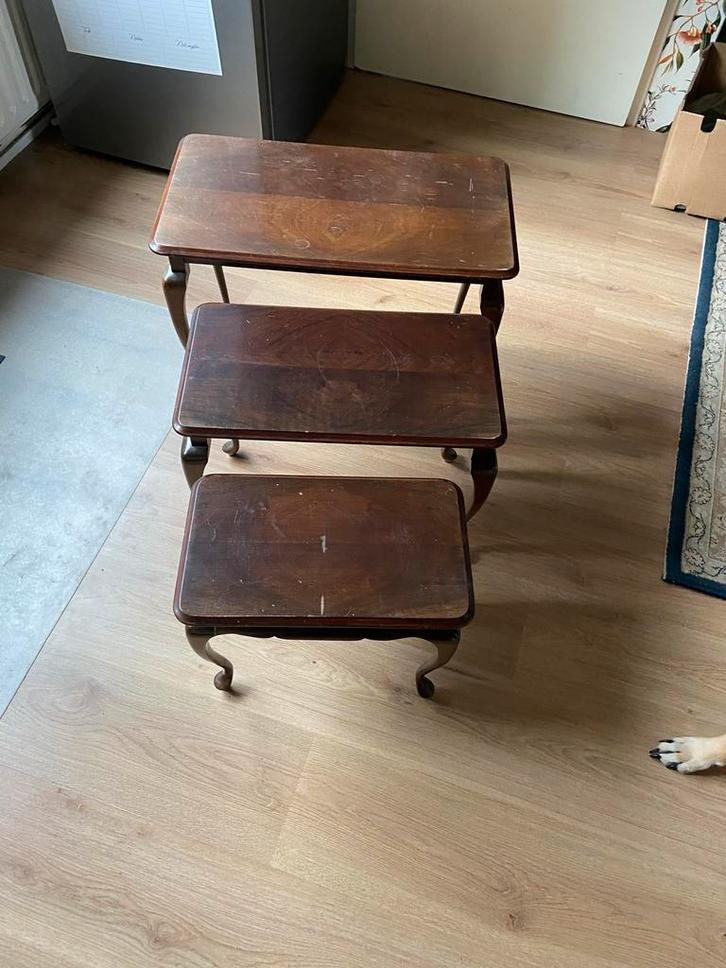 3 Antieke Bijzettafeltjes, Huis en Inrichting, Tafelonderdelen, Gebruikt, Tafelblad, Minder dan 50 cm, Rechthoekig, Overige houtsoorten