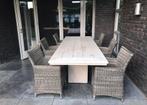 Steigerhouten tafel + 6 stoelen, Gebruikt, Ophalen of Verzenden, Grijs, Vijf, Zes of meer stoelen