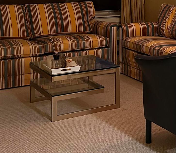 2 Bijzettafels Glas/verguld 60x60 - Noordwijk, Huis en Inrichting, Tafels | Salontafels, Gebruikt, Minder dan 50 cm, 50 tot 100 cm