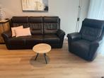 Bank en fauteuil leder, Huis en Inrichting, Ophalen, Gebruikt, Driepersoons, Rechte bank