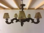 Antieke donkere houten hanglamp met 5 staande stoffen kapjes, Ophalen