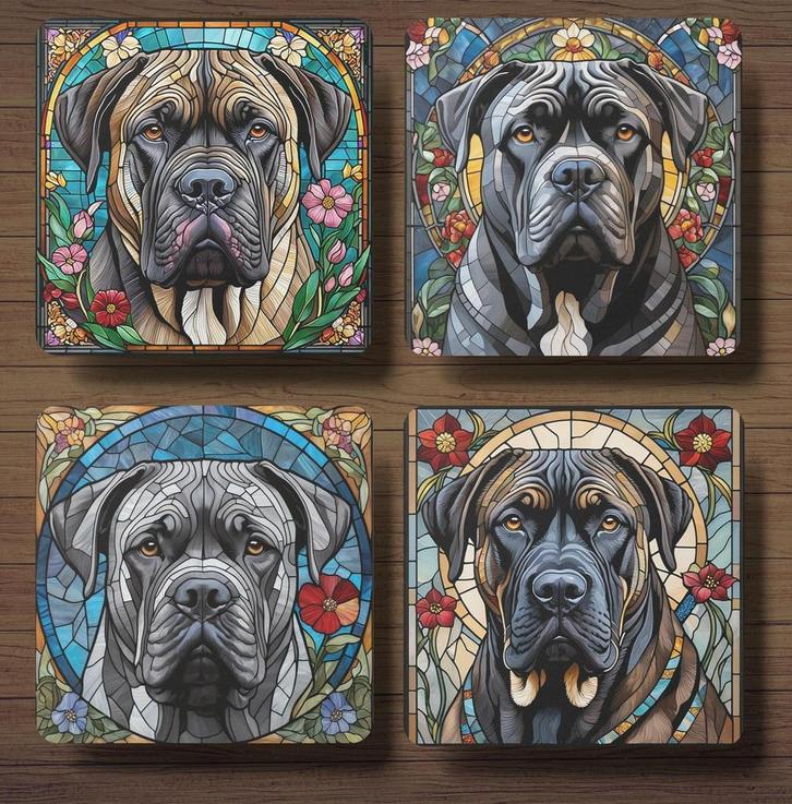 Cane Corso Glas in lood onderzetters met houder, Huis en Inrichting, Woonaccessoires | Onderzetters, Zo goed als nieuw, Glas of Kopje