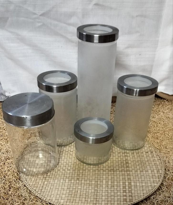 Glazen Voorraadpotten met RVS Deksel-5-Delige Set, Huis en Inrichting, Keuken | Keukenbenodigdheden, Zo goed als nieuw, Ophalen of Verzenden