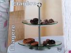 Etagere glas 2 laags nog in doos, met rvs stang+knop.21+25cm, Ophalen, Nieuw
