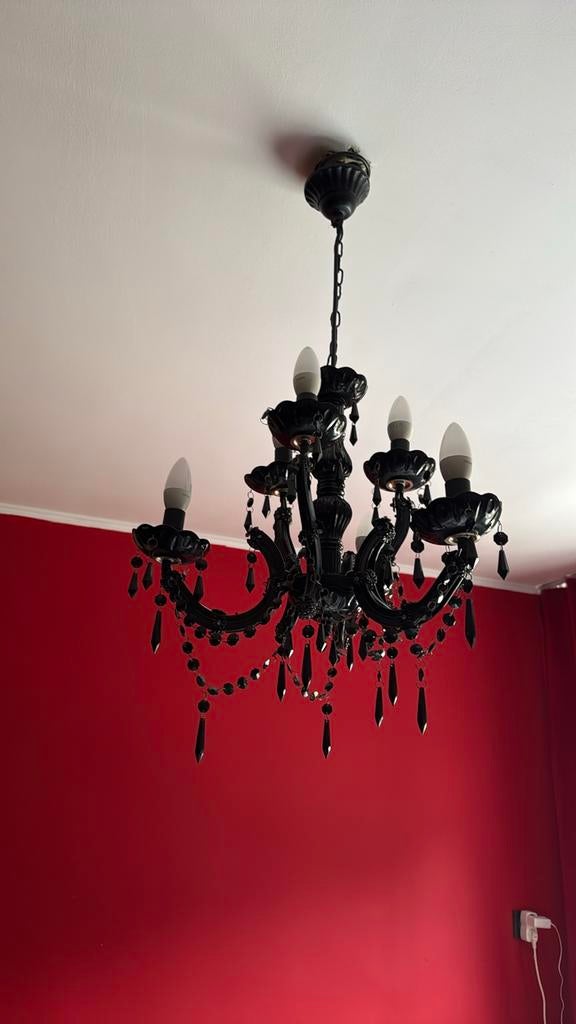 Elegante zwarte kroonluchter, Huis en Inrichting, Lampen | Kroonluchters, Ophalen, Zo goed als nieuw, Metaal
