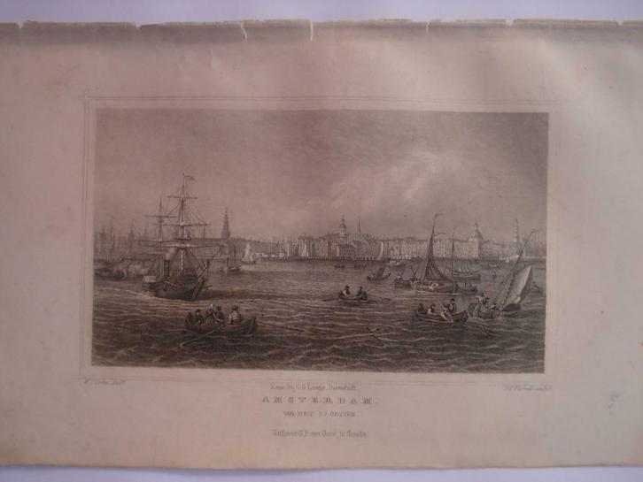 001 / Amsterdam vanaf het Ij gezien staalgravure 1860, Antiek en Kunst, Kunst | Etsen en Gravures, Ophalen of Verzenden
