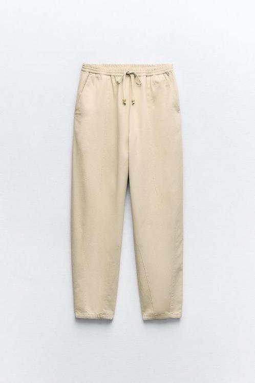 Dames Zara elastische broek tailleband pantalon beige XS S, Kleding | Dames, Broeken en Pantalons, Zo goed als nieuw, Maat 34 (XS) of kleiner