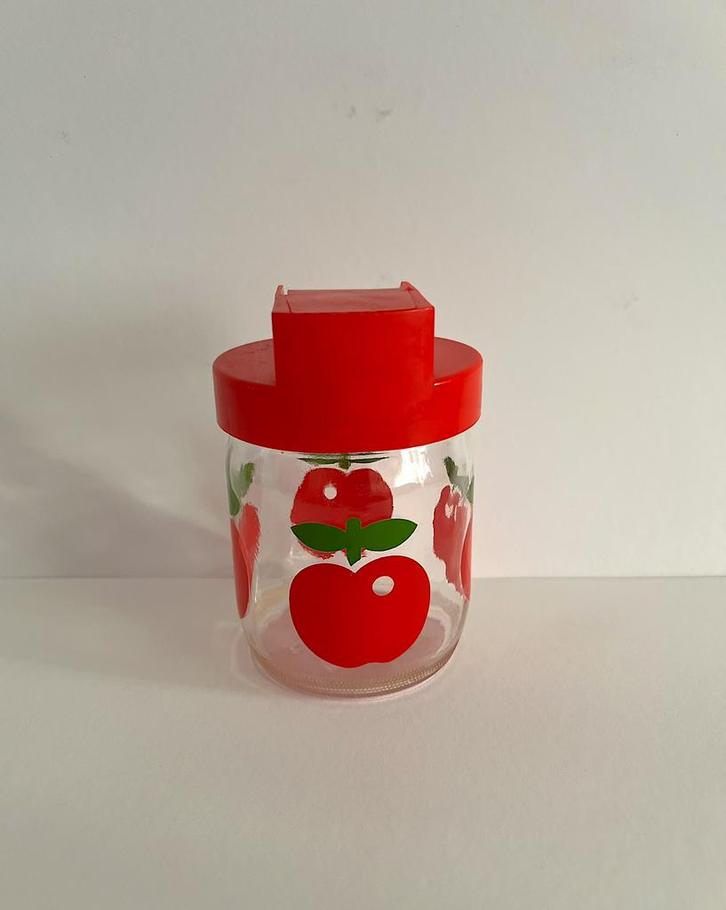 Leuk vintage retro rood glazen potje met appel print, Huis en Inrichting, Keuken | Tupperware, Gebruikt, Overige typen, Rood, Ophalen of Verzenden