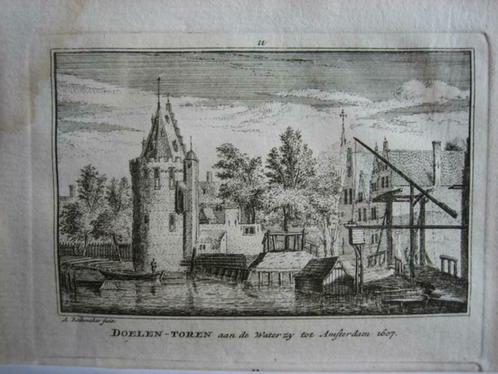 011 / Amsterdam de Doelen Toren Kopergravure 18e Eeuw, Antiek en Kunst, Kunst | Etsen en Gravures, Ophalen of Verzenden