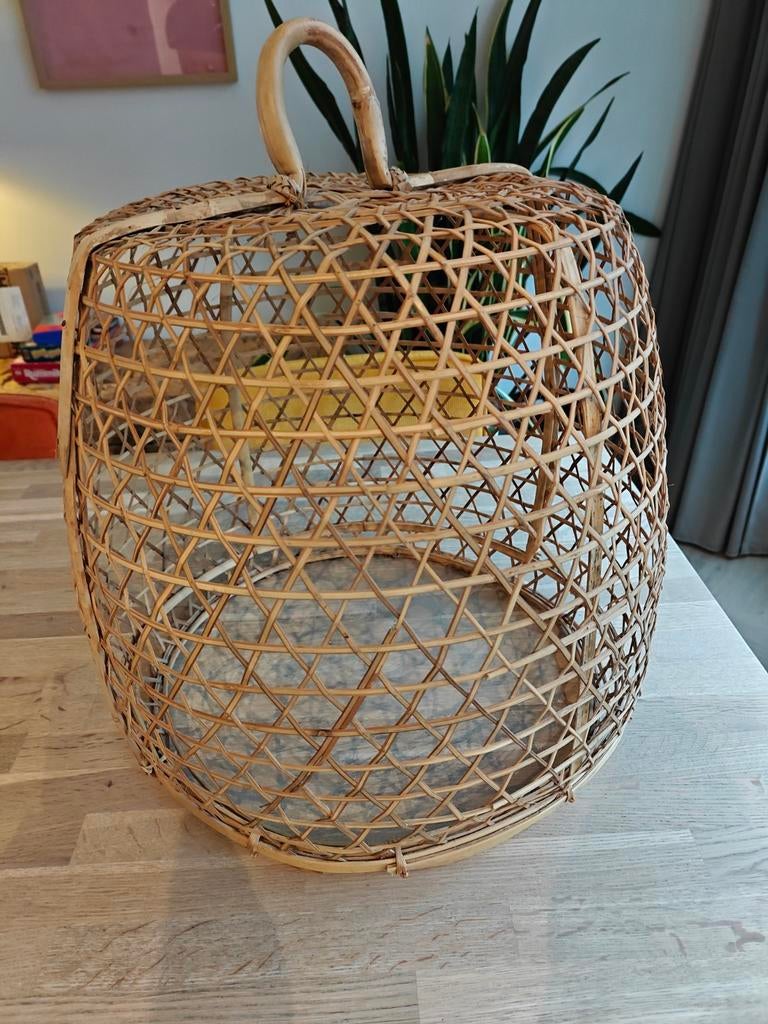 Rieten hanglamp mand stijl, Huis en Inrichting, Lampen | Lampenkappen, Zo goed als nieuw, 25 tot 50 cm, Rond, Beige, Bruin, Ophalen
