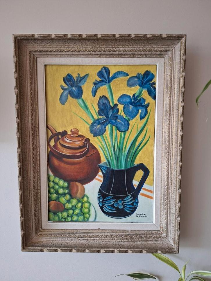 schilderij op canvas blauw geel groen tinten iris, Antiek en Kunst, Kunst | Schilderijen | Abstract, Ophalen