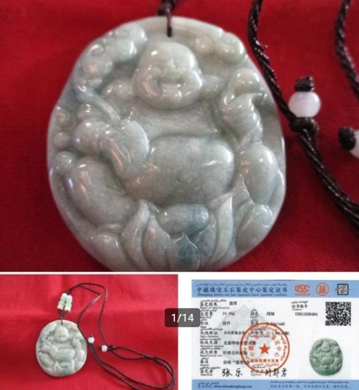 Happy Boeddha halskoord groene jade met certificaat, Sieraden, Tassen en Uiterlijk, Kettingen, Nieuw, Steen of Mineraal, Groen