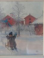 Ingelijste prent Zweeds wintertafereel Carl Larsson, Antiek en Kunst, Ophalen of Verzenden