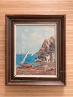 schilderij zeegezicht kust met boten, Antiek en Kunst, Ophalen of Verzenden