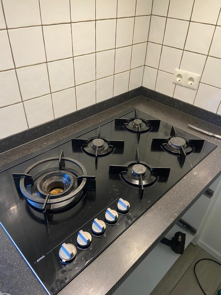 Gaskookplaat glas 90 cm met wokbrander5 pit, Ophalen, Zwart, 50 tot 100 cm, Minder dan 100 cm