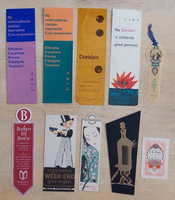 Tien (zeer) oude boekenleggers, o.a. Philips radio, regal,, Verzamelen, Boekenleggers, Gebruikt, Ophalen of Verzenden