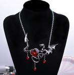 Dames draken ketting met rood hart (draak hartje vrouwen), Verzenden, Nieuw, Zilver