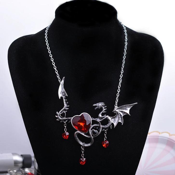 Dames draken ketting met rood hart (draak hartje vrouwen), Sieraden, Tassen en Uiterlijk, Kettingen, Nieuw, Zilver, Verzenden