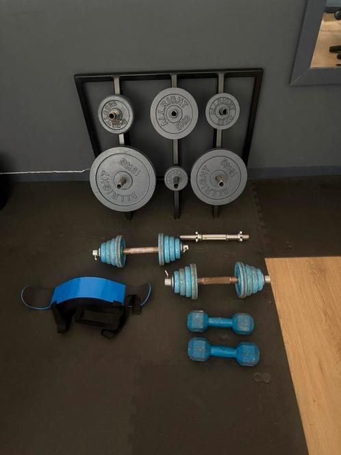 Gewichtenset met opbergrek., Sport en Fitness, Fitnessmaterialen, Gebruikt, Halterschijven, Ophalen
