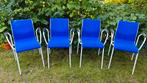 Vier blauwe design stoelen met armleuningen, Gebruikt, Ophalen of Verzenden, Vier, Modern