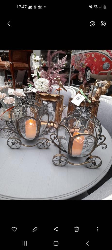 2 x goud kleurige wind lichten koetsen 85.00 p.s, Huis en Inrichting, Woonaccessoires | Kandelaars en Kaarsen, Zo goed als nieuw