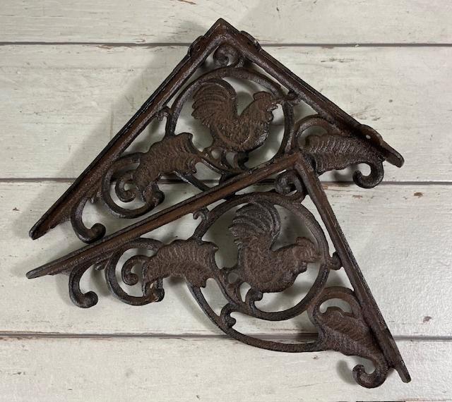 Franse vintage gietijzeren plank drager wandsteun met haan, Huis en Inrichting, Woonaccessoires | Wandplanken en Boekenplanken