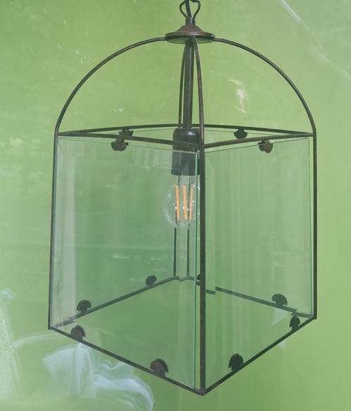 Industriële hanglamp met glazen behuizing – 42 cm, Huis en Inrichting, Lampen | Hanglampen, Zo goed als nieuw, 50 tot 75 cm, Glas