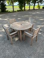 Tuintafel 120cm, teakhout met 4 stoelen, Ophalen, Zo goed als nieuw, Rond, Teakhout
