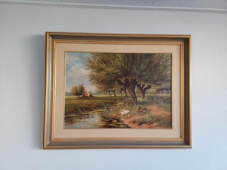 Olieverfdoek weiland Hollands landschap van H van Elshout, Antiek en Kunst, Kunst | Schilderijen | Klassiek, Ophalen