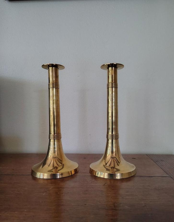 2 koperen kandelaars, art deco, Huis en Inrichting, Woonaccessoires | Kandelaars en Kaarsen, Gebruikt, Kandelaar, 25 tot 50 cm