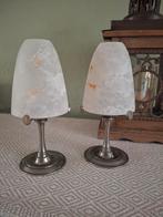 Kandelaars 2 stuks tin en marmerglazen kapje, Ophalen of Verzenden, Overige materialen