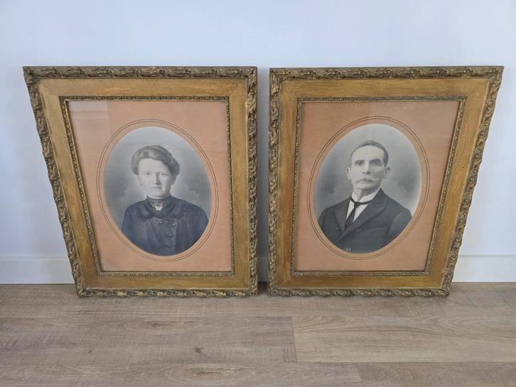 2 antieke 19e eeuwse tekeningen portretfoto's vergulde lijst, Antiek en Kunst, Kunst | Tekeningen en Foto's, Ophalen of Verzenden