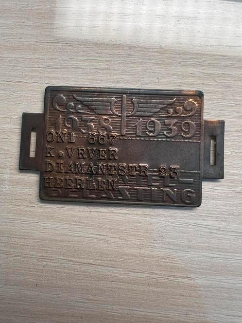 Rijwielbelastingplaatje 1938-39. Naaminslag. Mijnplaatje ON1, Postzegels en Munten, Penningen en Medailles, Overige materialen