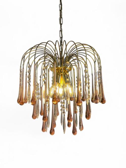 3-laags Teardrop kroonluchter, roze muranoglas, Huis en Inrichting, Lampen | Kroonluchters, Zo goed als nieuw, Glas, Metaal, Ophalen of Verzenden