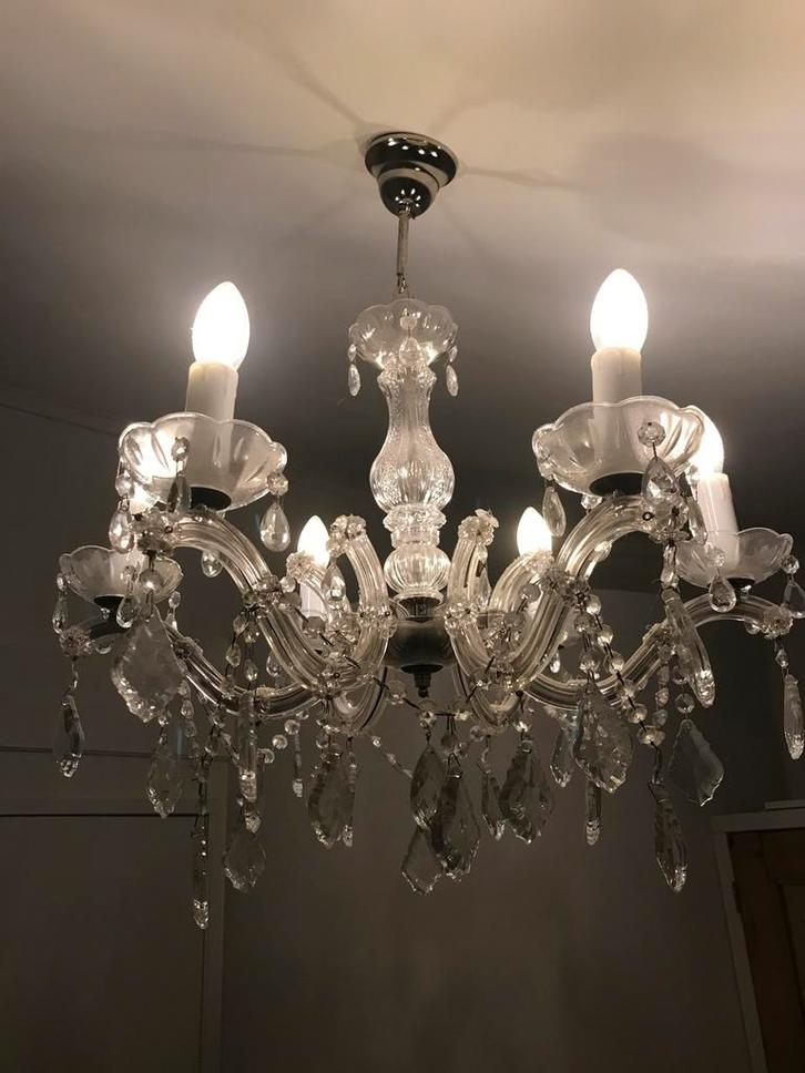 Flonkerende kroonluchter 6-armig, Huis en Inrichting, Lampen | Kroonluchters, Gebruikt, Glas, Ophalen