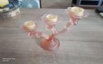 Vintage roze glazen 3 armige kaarsenstandaard matglas., Antiek en Kunst, Antiek | Glas en Kristal, Ophalen of Verzenden