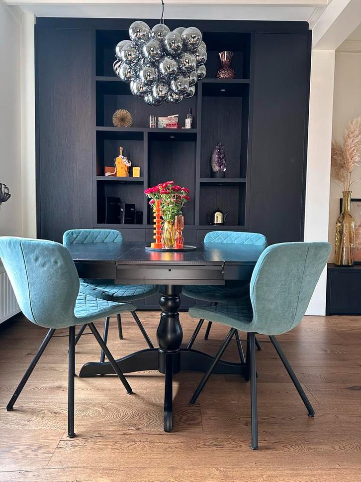 Complete Zwarte Tafelset Rond - Uitschuifbaar + Stoelen, Huis en Inrichting, Tafels | Eettafels, Zo goed als nieuw, 100 tot 150 cm