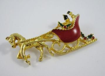 Kerst broche arrenslee, verguld met emaille, slee (7413-4015 beschikbaar voor biedingen