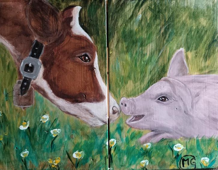 Boerderij dieren geschilderd op steigerhout, Antiek en Kunst, Kunst | Schilderijen | Modern, Ophalen