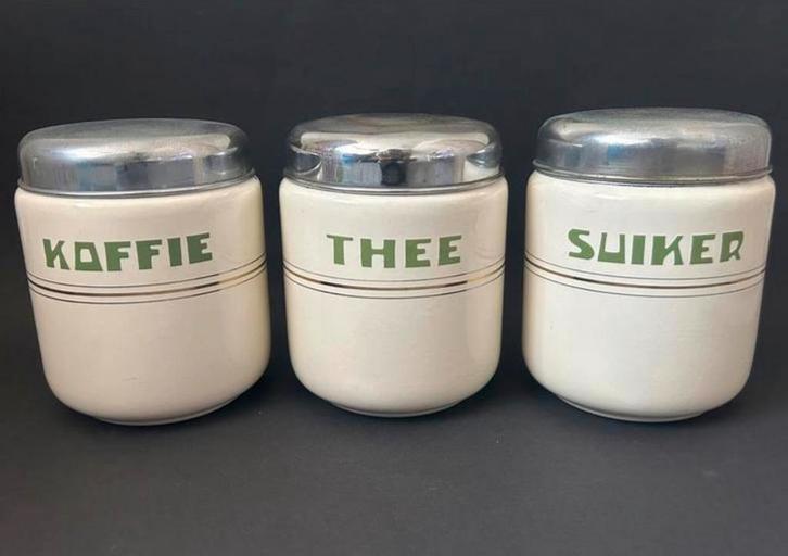 Creme Emaille Koffie, Thee & Suiker Voorraadbussen met Bies, Antiek en Kunst, Antiek | Emaille, Ophalen of Verzenden