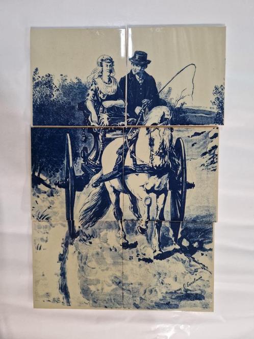 Delfts blauw tegeltableau Sphinx (6 tegels), Antiek en Kunst, Antiek | Wandborden en Tegels, Ophalen