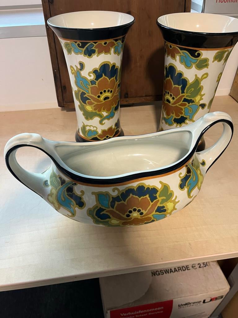 Gouda Plateel Vaas en Jardiniere Set, Antiek en Kunst, Ophalen of Verzenden